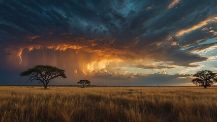 Naklejka premium A dramatic sunset over a savanna landscape with stormy clouds and distant lightning.
