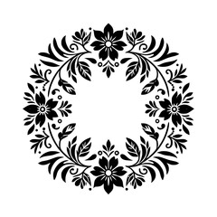 A symmetrical floral wreath illustration in bold black and white, featuring stylized blossoms, leaves, and decorative elements arranged in a circular pattern.