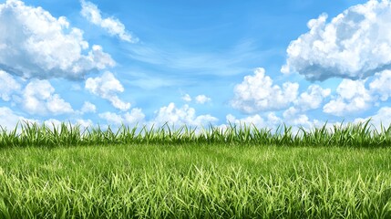 Obraz premium Lush Green Grass Under a Bright Blue Sky with Fluffy White Clouds