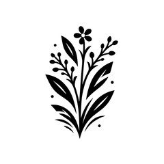 Elegant black and white botanical illustration featuring a flower, leaves, and sprigs, with minimalist design on a white backdrop.