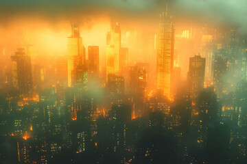 Fototapeta premium Fog-shrouded cityscape bathed in golden light