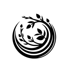 A stylized, minimalist emblem featuring a circular frame encompassing leafy branches, presented in stark black and white contrast.