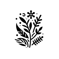 A minimalist, graphic illustration of stylized botanical elements including leaves, a flower, and other organic shapes, composed in black on a white background.