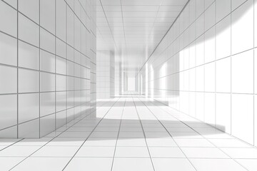 Fototapeta premium Abstract Architecture Bright White Tiled Hallway with Clean Lines and Reflections