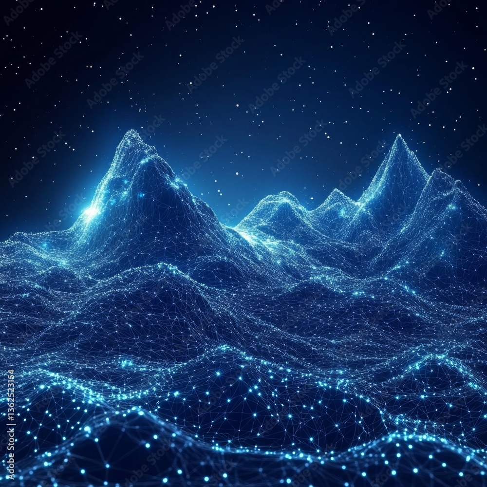 Poster abstract digital landscape: networked mountains under a starry sky with glowing nodes