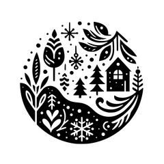 Minimalist Winter Scene: A black and white circular illustration featuring a cozy cabin, snow, trees, and botanical elements, evoking a sense of calm and holiday cheer.