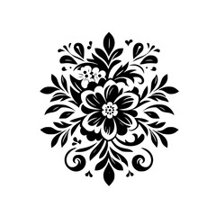 Ornate Monochrome Floral Design: A symmetrical black and white composition featuring a central flower with intricate petals surrounded by leaves, swirls, and smaller blooms against a stark white backd