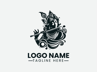 Krishna Playing Flute Hindu Deity Logo Design, Hindu God Krishna Flute Logo © Dawi Firdaus