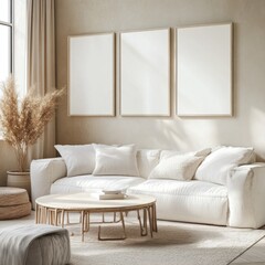 Minimalist living room with white sofa, pampas grass, and three blank frames.