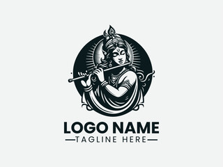 Krishna Playing Flute Hindu Deity Logo Design, Hindu God Krishna Flute Logo © Dawi Firdaus