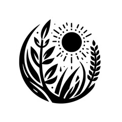 Minimalist Black and White Circular Illustration Featuring Sun, Grass, Leafy Plants, and Wheat, Symbolizing Nature's Harmony.