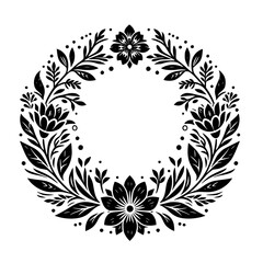 Intricate Black and White Floral Wreath: A Detailed Botanical Illustration with a Central Circular Void, Emphasizing Elegance and Organic Forms.