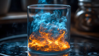 Fire and blue smoke in glass
