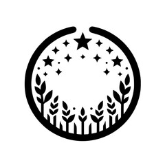 A stylized, minimalist black and white emblem featuring a celestial circle of stars and stylized foliage, suggesting growth and cosmic elements.