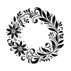 A detailed black and white botanical wreath design, featuring stylized flowers, leaves, and elegant swirling patterns.