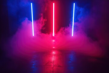Naklejka premium Abstract Vertical Neon Light Tubes with Smoke, Pink and Blue Hues, Modern Design