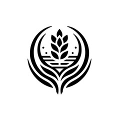 Stylized black and white emblem depicting a plant, encircled by an abstract design, set against a pristine white background.