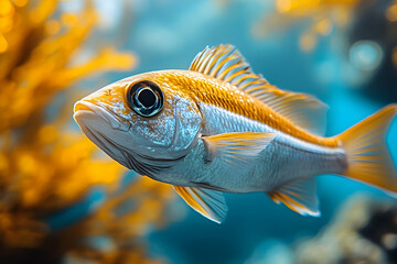 Fish swimming, vibrant gold color, bright eye Aqua, depth, coral blur