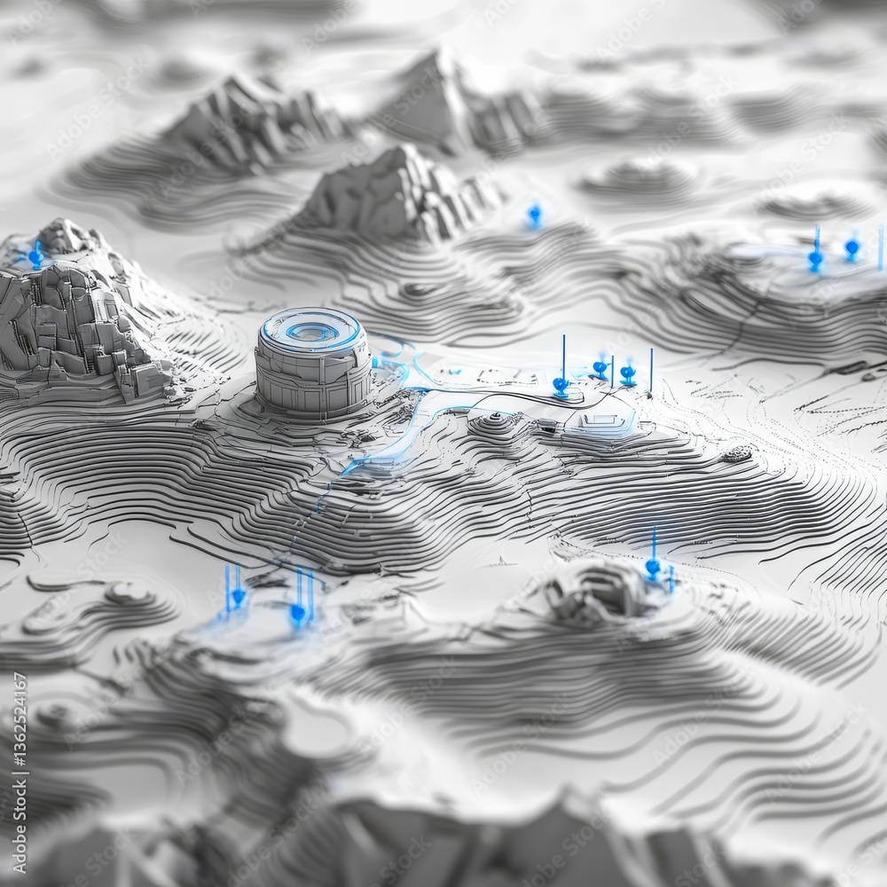 Leinwandbilder Abstract Topographic Map with Futuristic Structures and Blue Markers, 3D Rendering