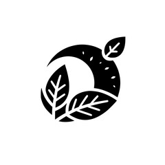 Abstract Botanical Logo: A minimalist black and white design featuring stylized leaves encircling a crescent, with a focus on simplicity and natural elements.