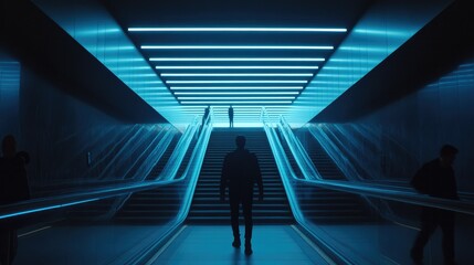 Blue neon lights forming abstract geometric patterns