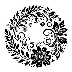 Intricate Black and White Floral Wreath Illustration: Spirals, Leaves, and Detailed Flower Silhouettes Forming an Elegant Circular Design.