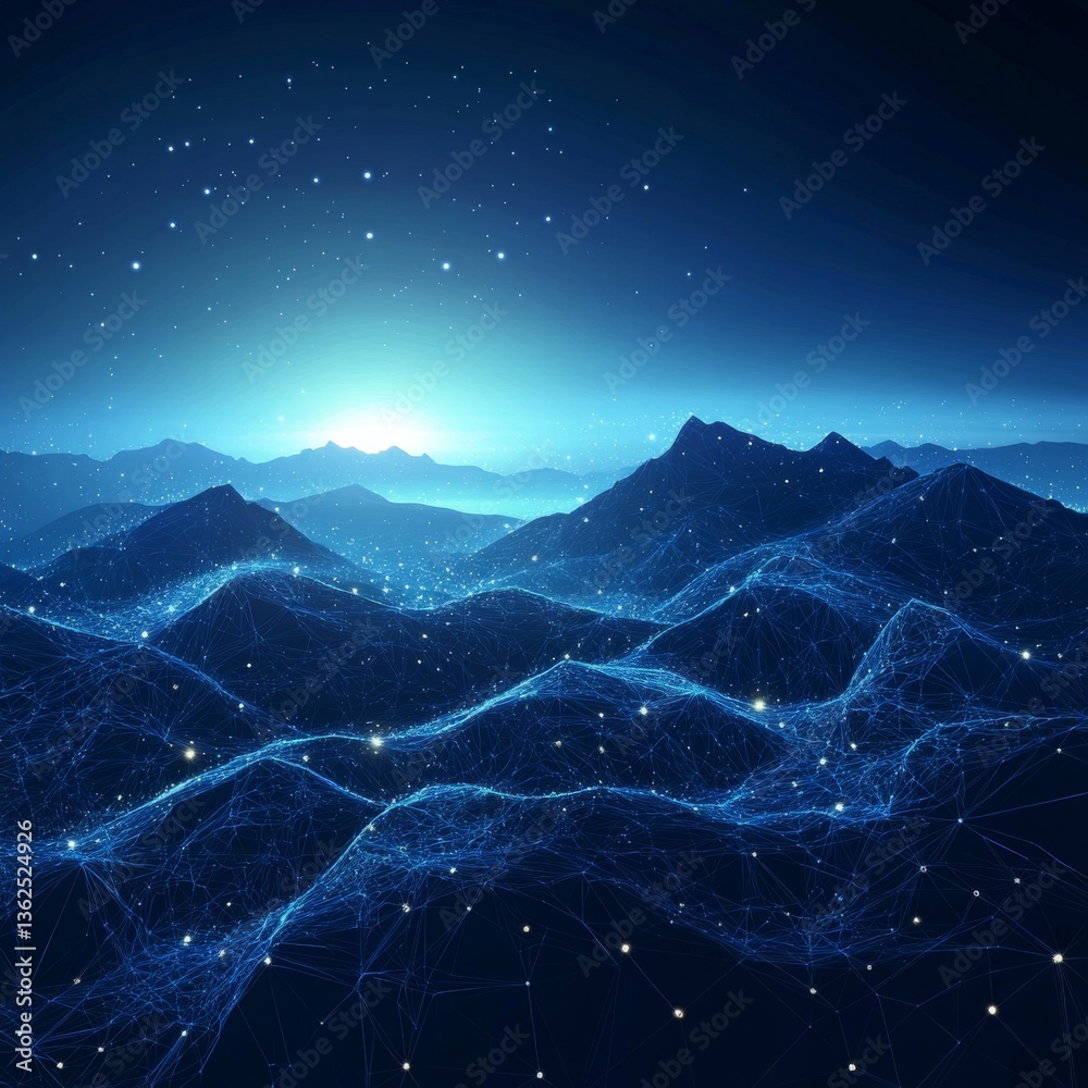 Poster a connected world: a network of mountains under a starry sky illuminated by a dawn, a visual represe