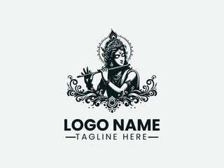 Silhouette of Krishna playing the flute with graceful posture. Hindu deity concept.