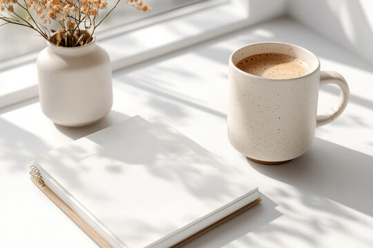 Cozy morning light on notebook and coffee mug in minimalist setting
