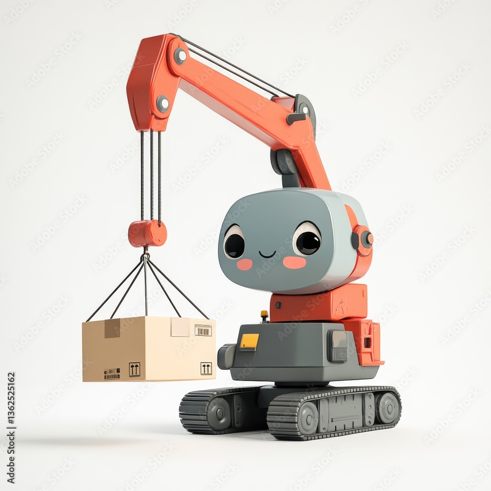 Poster adorable robot crane lifting a cardboard box on white background, ready for delivery with a cute exp
