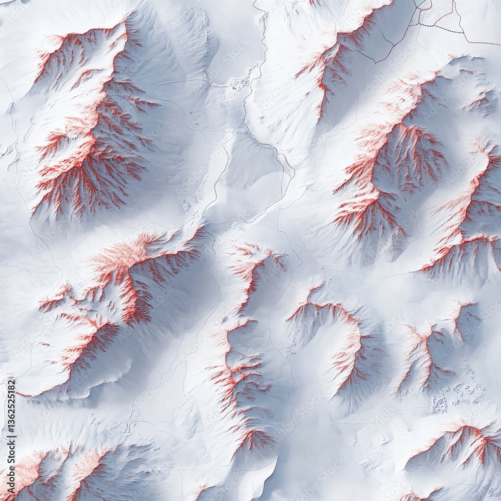 Aufkleber aerial view of snow-covered mountain terrain with distressed red accents and subtle tracks across th