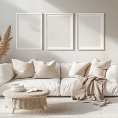 Minimalist living room with white sofa, pampas grass, and three empty frames.