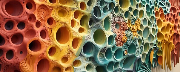 Vibrant abstract texture with organic, porous shapes and a gradient of warm and cool colors