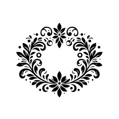 Intricate Black Floral Wreath on White: An Elegant, Symmetrical Design with Leaves, Swirls, and Dot Accents.