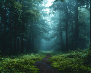 Obraz premium Forest path through a misty, dense, and lush green woods