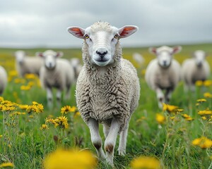 Fototapeta premium Sheep grazing in a vibrant field of yellow flowers under a cloudy sky