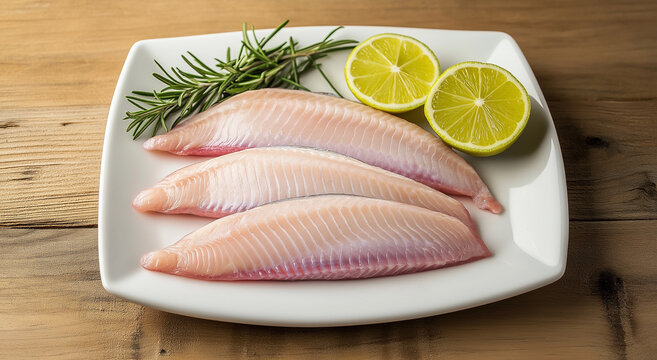 Til&aacute;pia com prato branco com alecrim lim&atilde;o lima sobre fundo de madeira, peixe til&aacute;pia cru fresco da fazenda de til&aacute;pia - vista superior