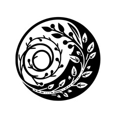 A symmetrical, stylized black and white botanical design composed of swirling vines with leaves and berries, enclosed within a circular frame.