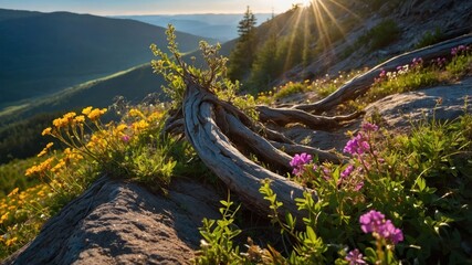 Obraz premium A scenic view of wildflowers and twisted roots on a rocky hillside during sunset.