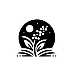 Monochrome botanical illustration, stylized with a full moon backdrop, depicting a stylized plant with berries and leaves, evoking tranquility.