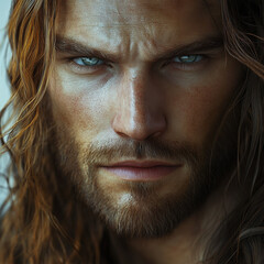 Obraz premium udio-quality, hyper-realistic portrait of a sophisticated European male with long hair and a precisely styled beard. His features are sharp, his gaze intense yet inviting