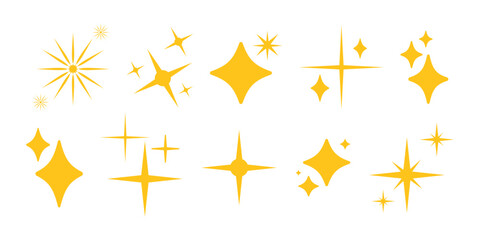 Set of gold sparkle stars. Twinkle stars minimal collection. Stars yellow icons. Blinking stars, sparks and sparkles. Shining twinkle sunburst shapes. Magic light flare pack for design. Glint glitter.