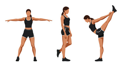 Fototapeta premium Fitness woman demonstrating three poses in minimal vector art illustration