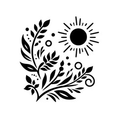 A minimalist monochrome botanical illustration of sun, leaves, and stylized floral elements, creating a harmonious and balanced composition, perfect for decorative designs.