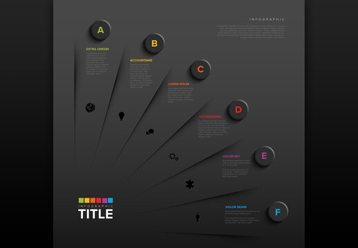 Colorful Infographic Template with six Text Sections, big dark button and icons