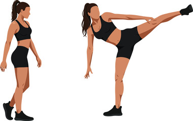 Fototapeta premium Woman demonstrating a fitness stretch in flat vector illustration style vector art