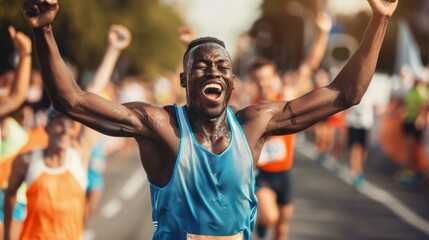 Runner celebrates victory while crossing the finish line with joy and excitement in a bustling race event