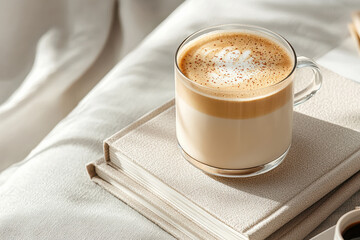 Warm latte in clear glass mug on cozy beige books in soft sunlight