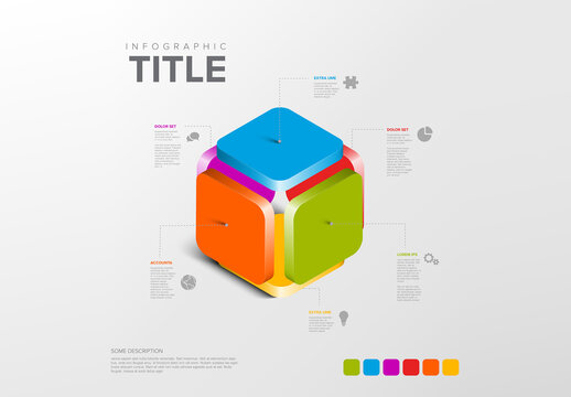 Colorful 3D Infographic Cube made from six plates with Explanatory Text items