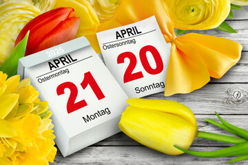 Deutscher Kalender Ostern  20. und 21. April  2025 mit Blumen  Ostersonntag Ostermontag